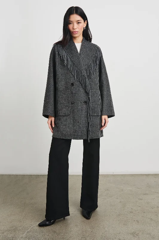 Women's long - length wool blend jackets for a warm and stylish winter look HUGO COAT - CHARCOAL CHECK Women's long - length wool blend jackets for a warm and stylish winter look HUGO COAT - CHARCOAL CHECK