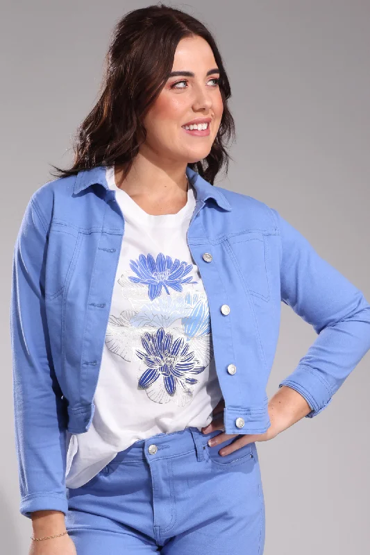 Women's cropped leather jackets with silver zippers for a punk - inspired outfit  Stretch Coloured Cotton Crop Jacket | SOFT BLUE | 6921A1