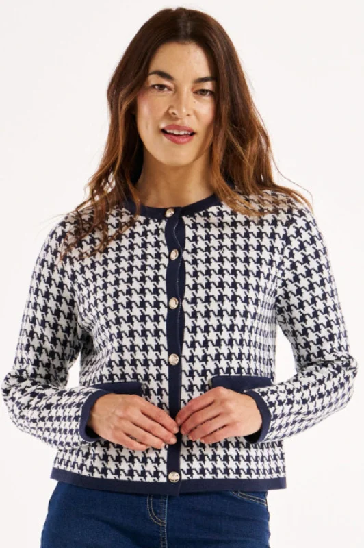 long length women cardigan with side slits Lady Cardigan - Navy Houndstooth