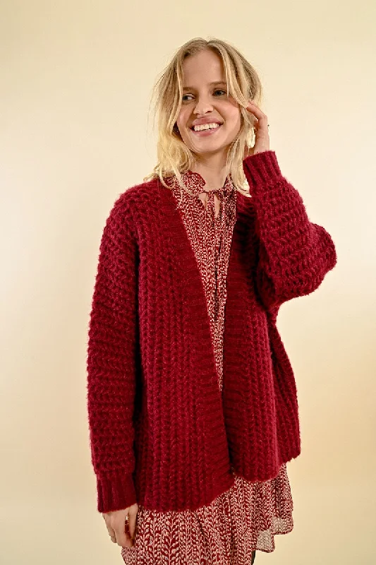 cashmere blend women cardigan for a luxurious feel Molly Bracken Dark Red cable Knit Cardigan