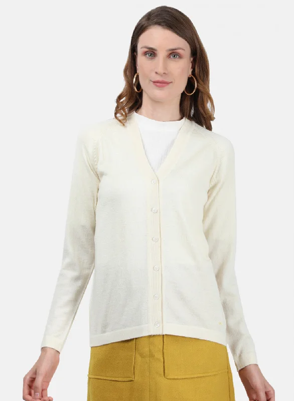 long length women cardigan with side slits Women Cream Solid Cardigan