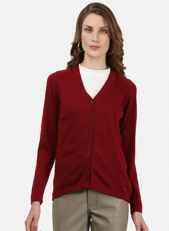 hooded women cardigan for added warmth and style Women Maroon Solid Cardigan