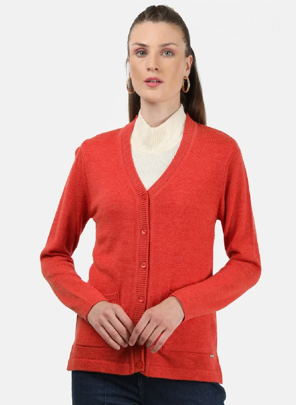 v neck women cardigan to elongate the neckline Women Orange Solid Cardigan