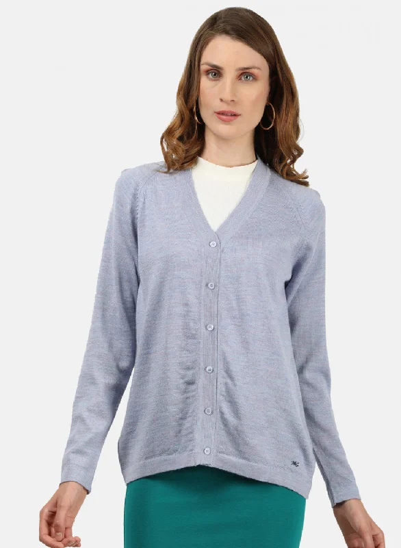 ribbed women cardigan with a classic texture Women Sky Blue Solid Cardigan