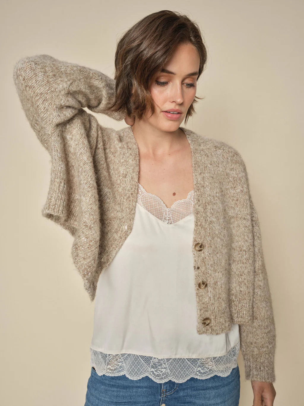 color block women cardigan with bold hues Mos Mosh Tannin Zela Warm Knit Cardigan