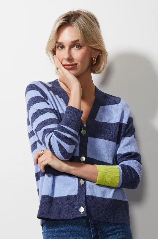 v neck women cardigan to elongate the neckline Multi Stripe Cardigan - Denim