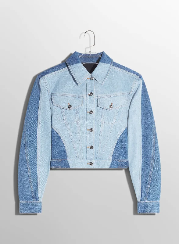 Women's bomber jackets with floral embroidery for a feminine and unique design bi-tone blue denim jacket Women's bomber jackets with floral embroidery for a feminine and unique design bi-tone blue denim jacket
