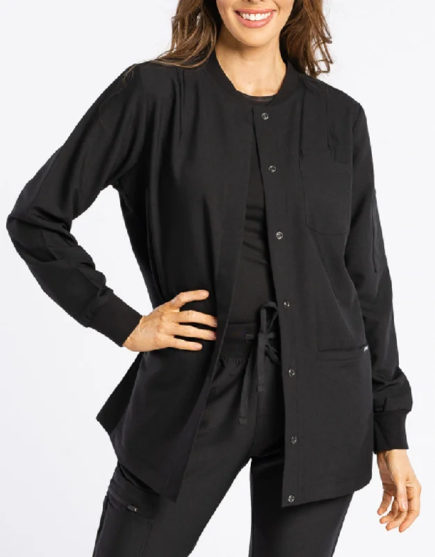 Women's denim jackets with a patchwork design for a bohemian and artsy style Scrub Jacket Button Up - Black Women's denim jackets with a patchwork design for a bohemian and artsy style Scrub Jacket Button Up - Black