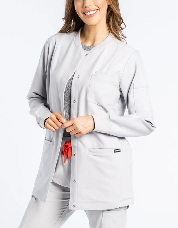 Women's moto jackets with a lace - up front for a unique and stylish touch Scrub Jacket Button Up - Tail light Grey Women's moto jackets with a lace - up front for a unique and stylish touch Scrub Jacket Button Up - Tail light Grey