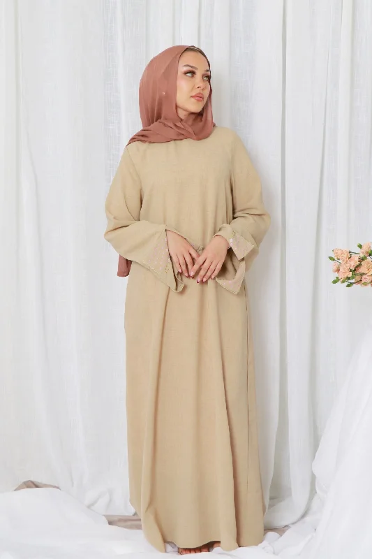 button down women cardigan with vintage buttons Soraya Embroidery linen Abaya- Beige