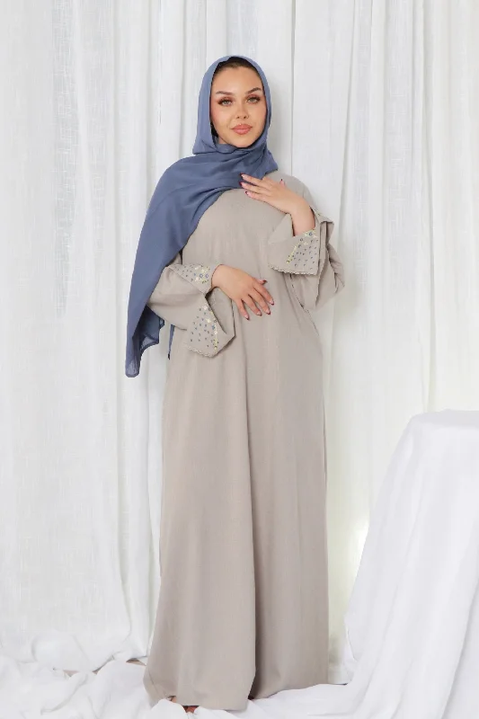 v neck women cardigan to elongate the neckline Soraya Embroidery linen Abaya- Gray