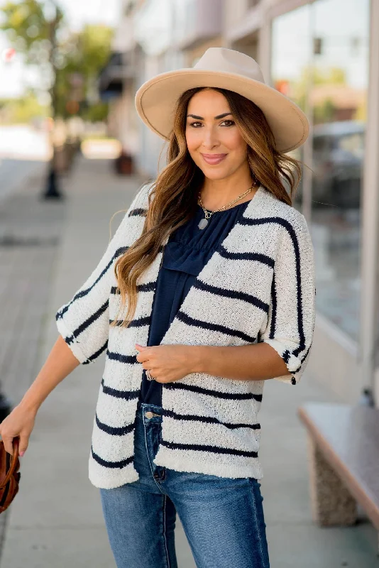 floral print women cardigan for a feminine touch Striped 3/4 Sleeve Knit Cardigan