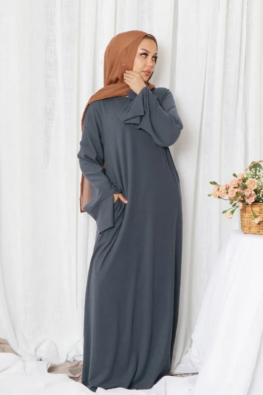 long length women cardigan with side slits Tala premium Ribbed Knit Abaya- Blue Gray
