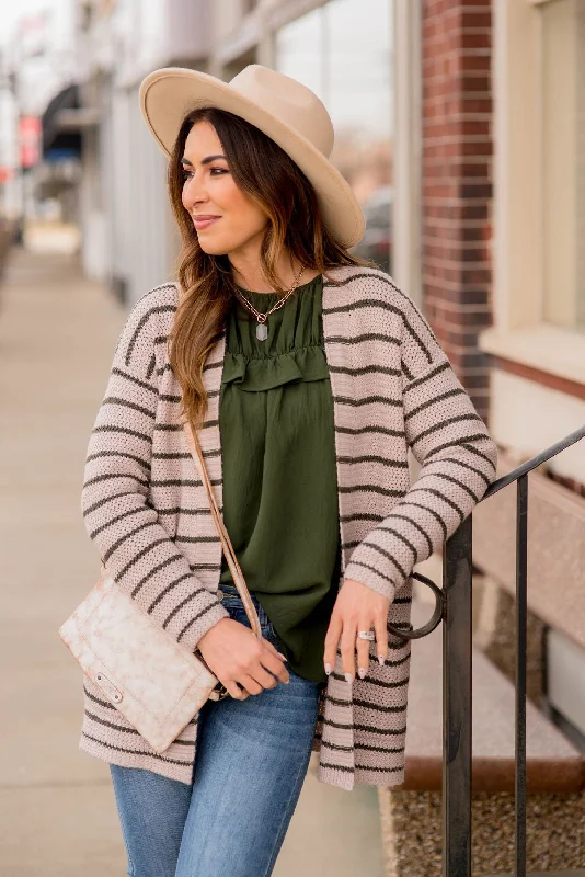 color block women cardigan with bold hues Thin Olive Striped Knit Tunic Cardigan