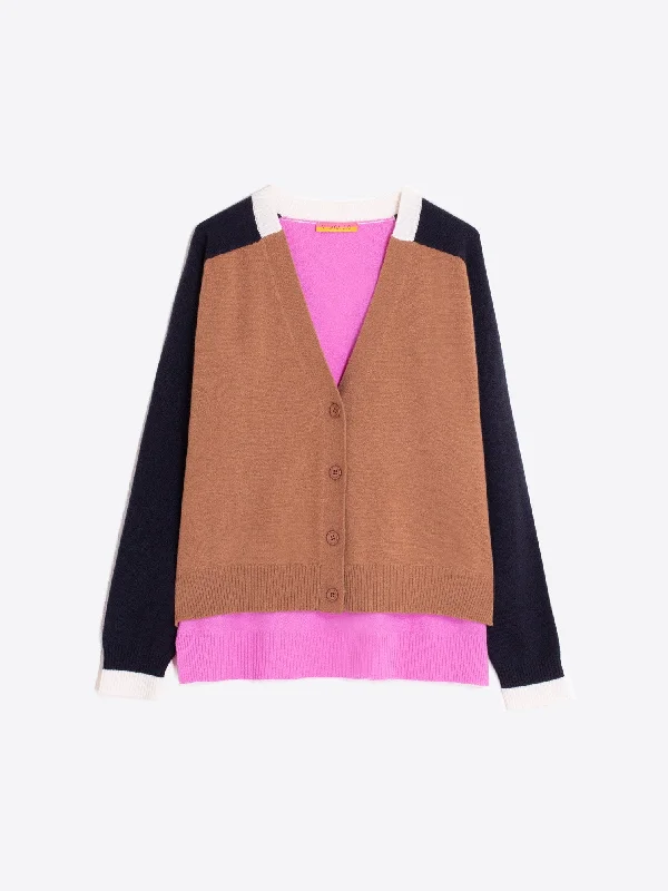 color block women cardigan with bold hues Vilagallo Camel/Black Cardigan