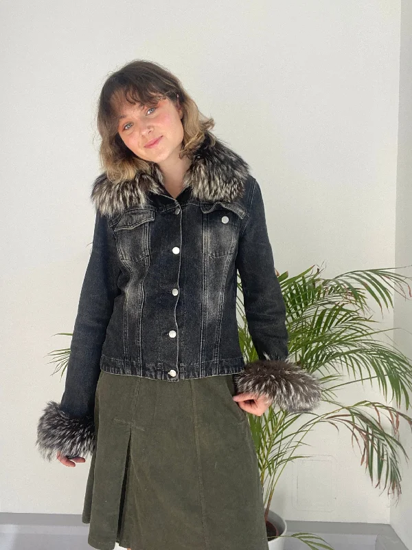 Women's shearling - lined suede jackets for ultimate warmth and luxury  Vintage Fur Trim Denim Jacket (M)