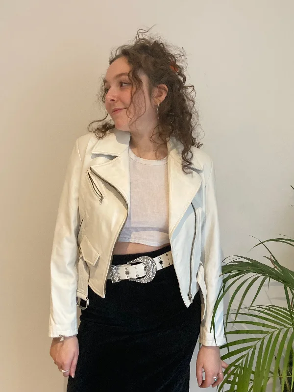 Women's long - line cardigan jackets in a soft knit for a cozy and elegant look White Leather Biker Jacket (XS-S) Women's long - line cardigan jackets in a soft knit for a cozy and elegant look White Leather Biker Jacket (XS-S)