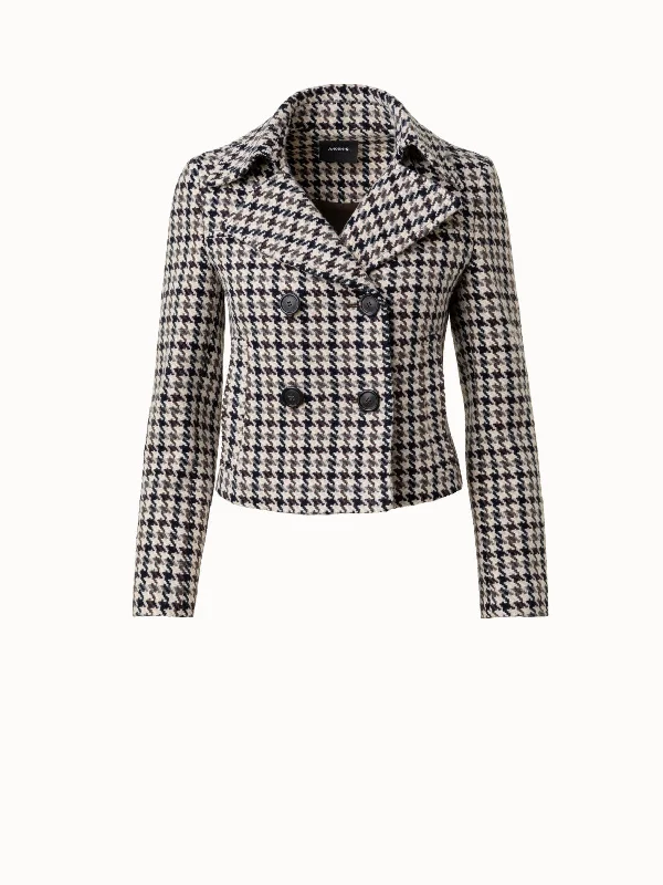 Women's denim jackets with a patchwork design for a bohemian and artsy style  Wool Short Jacket with Houndstooth Pattern