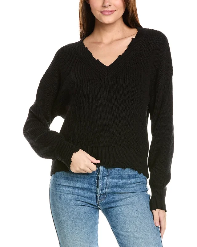 Women's Sequined Trimmed Sweater in Gold for a Glamorous Party Look525 America Distressed V-Neck Pullover