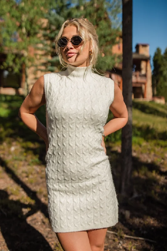 Plus Size Women's Turtleneck Sweater Dresses with Side Slits All Your Love Ivory Turtleneck Cable Knit Sweater Dress