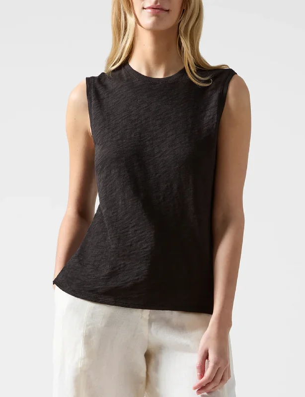 High - Neck Women's Silk Blend Tank Tops for a Luxurious Feel  Slub Jersey Sleeveless Schoolboy Tank, Black