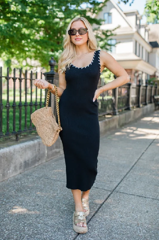 Plus Size Women's Fit - and - Flare Sweater Dresses with Ruffled Hem Back In Action Black And White Sweater Midi Dress FINAL SALE