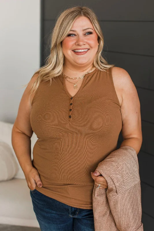 Scoop Neck Women's Linen Blend Tank Tops for Summer Been There Done That Button Tank Top- Dark Camel Scoop Neck Women's Linen Blend Tank Tops for Summer Been There Done That Button Tank Top- Dark Camel