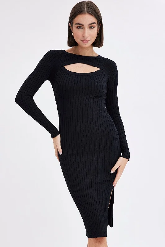 Belted Women's Cotton Blend Sweater Dresses for a Casual Look Black Midi Dress Long Sleeve Round Neck Keyhole Rib Knit