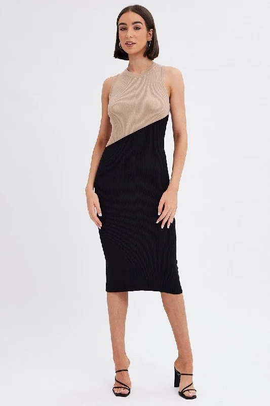 V - Neck Women's Ribbed Sweater Dresses with Belt for a Defined Waist Black Midi Dress Round Neck Colour Blocked Knit