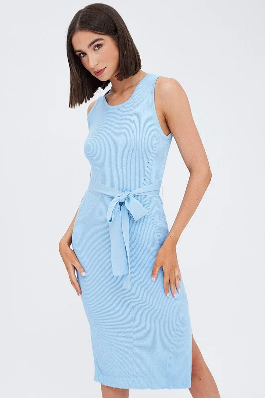 Wrap - Style Women's Lambswool Sweater Dresses in Elegant Shades Blue Knit Dress Sleeveless Round Neck Belted Midi Wrap - Style Women's Lambswool Sweater Dresses in Elegant Shades Blue Knit Dress Sleeveless Round Neck Belted Midi