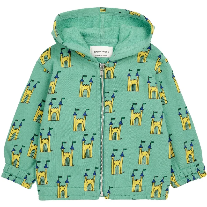 Women's crew - neck sweatshirt in a heather gray shade for a classic and versatile option Bobo Choses Green Faraway Castle All Over Zipped Crewneck