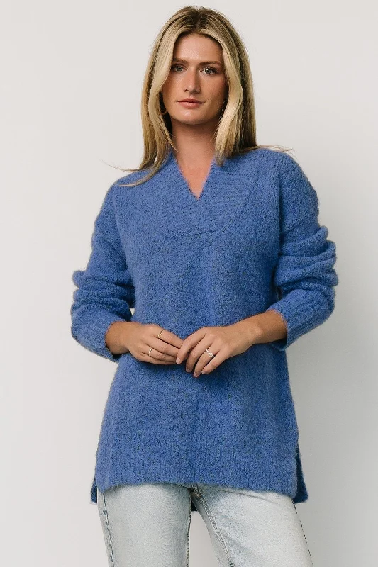 Plus Size Women's Striped Cotton - Blend Sweater in Navy and White for a Nautical ThemeCalgary Oversized Sweater | Blue Plus Size Women's Striped Cotton - Blend Sweater in Navy and White for a Nautical ThemeCalgary Oversized Sweater | Blue