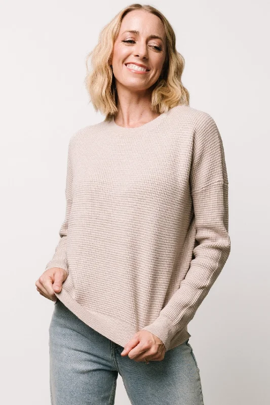 Plus Size Women's Fringe - Trimmed Sweater in Beige for a Boho - Inspired StyleCarey Waffle Sweater | Taupe Plus Size Women's Fringe - Trimmed Sweater in Beige for a Boho - Inspired StyleCarey Waffle Sweater | Taupe