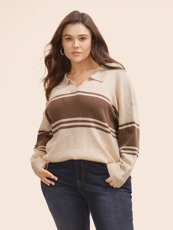 Women's Cable - Knit Sweater Dress in Brown for a Stylish and Comfortable One - Piece OptionColorblock Contrast Striped Polo Neck Pullover
