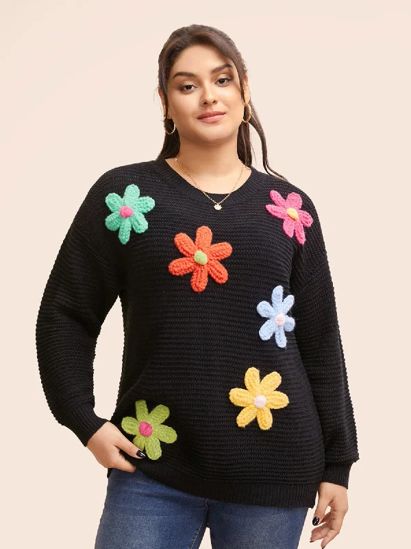 Plus Size Women's Embroidered Floral Patterned Sweater in White for a Spring - Inspired LookColored Crochet Floral Drop Shoulder Sleeve Pullover