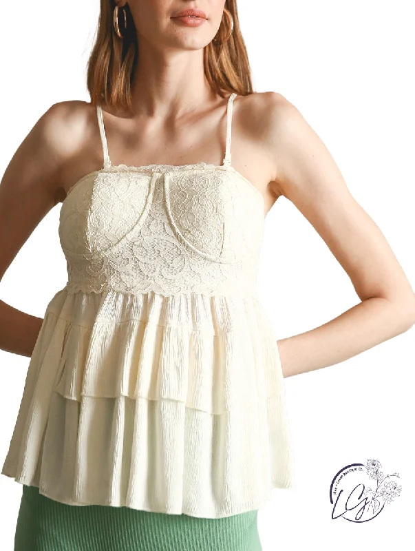 Plus Size Women's Puff - Sleeve Tank Tops in Pastel Hues Right On Time Lace Tiered Top Plus Size Women's Puff - Sleeve Tank Tops in Pastel Hues Right On Time Lace Tiered Top