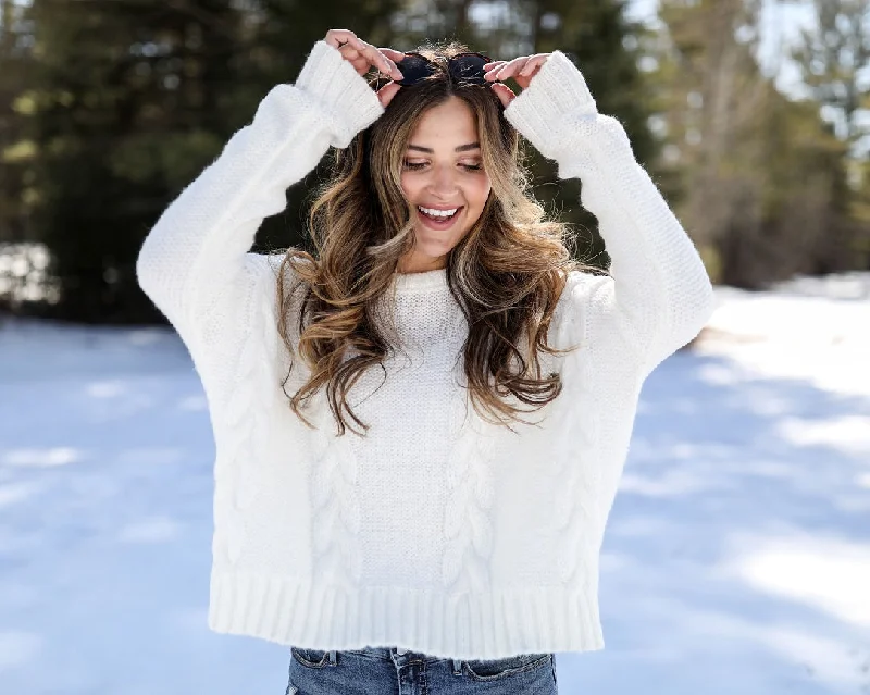 Women's Fuzzy Mohair - Blend Sweater in Light Pink for a Soft and Cozy FeelCropped Cable Crew Sweater