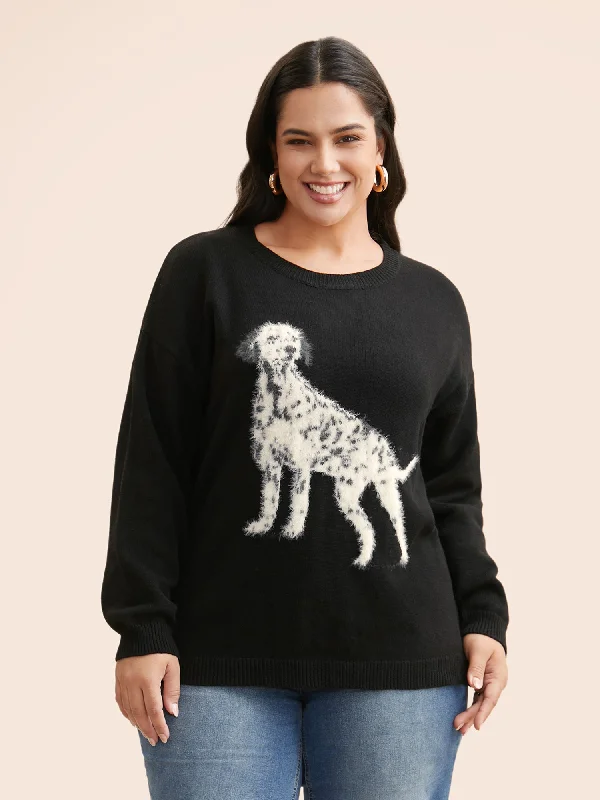 Plus Size Women's Embroidered Floral Patterned Sweater in White for a Spring - Inspired LookDog Jacquard Fluffy Drop Shoulder Pullover
