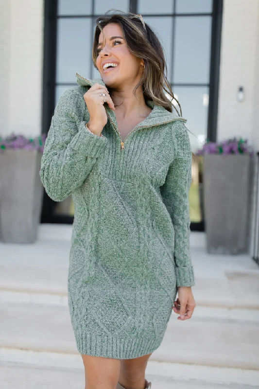 Plus Size Women's Fit - and - Flare Sweater Dresses with Ruffled Hem Eyes For You Olive Half Zip Sweater Dress