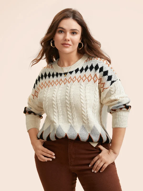 Plus Size Women's Fringe - Trimmed Sweater in Beige for a Boho - Inspired StyleFair Isle Crew Neck Split Hem Pullover Plus Size Women's Fringe - Trimmed Sweater in Beige for a Boho - Inspired StyleFair Isle Crew Neck Split Hem Pullover