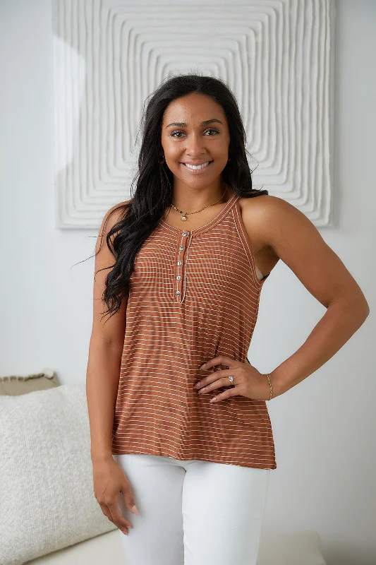 Scoop Neck Women's Linen Blend Tank Tops for Summer Feeling Good Striped Tank in Rust Scoop Neck Women's Linen Blend Tank Tops for Summer Feeling Good Striped Tank in Rust