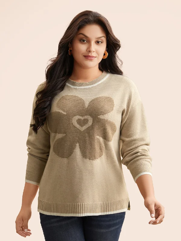 Women's Cable - Knit Sweater Dress in Brown for a Stylish and Comfortable One - Piece OptionFloral Jacquard Contrast Trim Slit Hem Pullover
