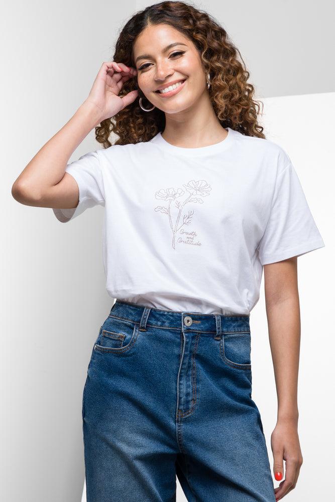 Women's sequin t shirt Floral Short Sleeve T-Shirt White