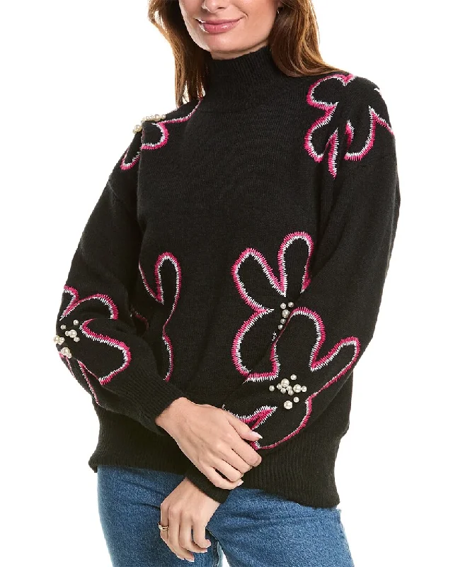 Plus Size Women's Long Sleeve Cable Knit Sweater Dresses Gracia Flower Embroidered Mock Neck Sweater