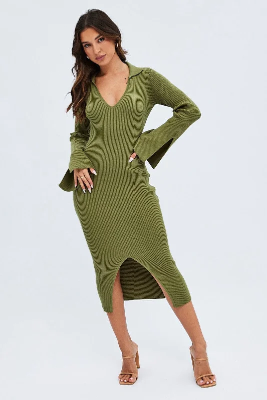 Mock Neck Women's Angora Blend Sweater Dresses in Solid Colors Green Midi Dress Long Sleeve V-Neck Collared Knit