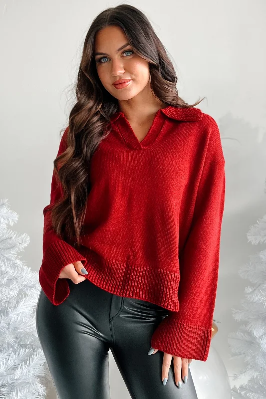 Plus Size Women's Striped Cotton - Blend Sweater in Navy and White for a Nautical ThemeGrounded In Gratitude Oversized Collared Sweater (Burgundy)