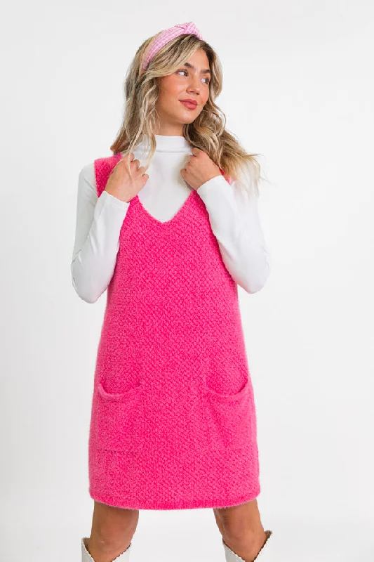 Plus Size Women's Asymmetric Hem Sweater Dresses in Modern Designs Keep Track Hot Pink Pocket Front Tank Sweater Dress