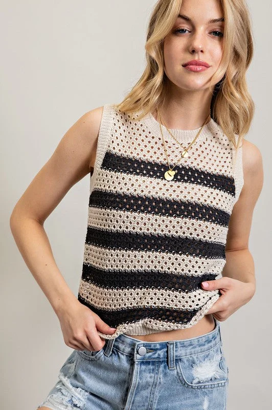 Plus Size Women's Glitter - Trimmed Tank Tops for Party Nights  LINEN STRIPED KNIT SLEEVELESS SWEATER