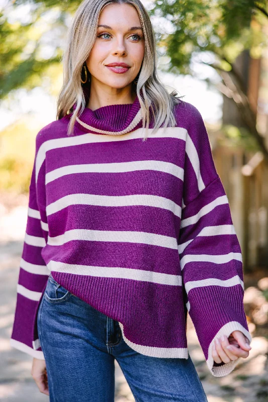 Plus Size Women's Mock - Neck Sweater in Teal with a Side Slit for a Modern TwistListen To Me Plum Purple Striped Sweater