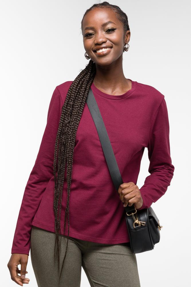 Women's low cut t shirt Long Sleeve Crew Neck T-Shirt Burgundy